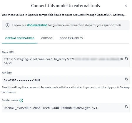 OptScale AI Connect this model to external tools dialog on the OPENAI-COMPATIBLE tab with Base URL, API key, and Model name