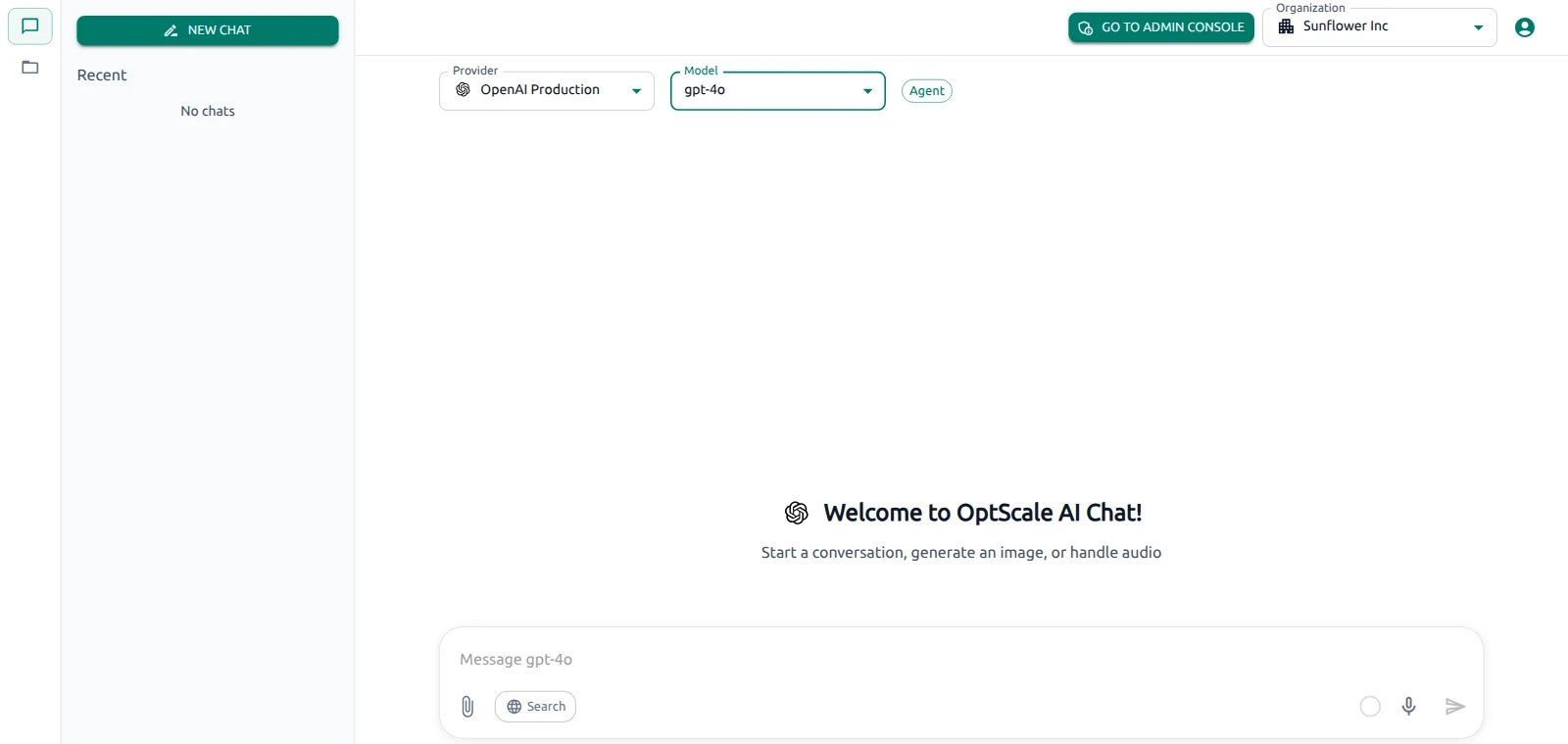 OptScale AI Chat with the organization, provider, and gpt-4o model selected