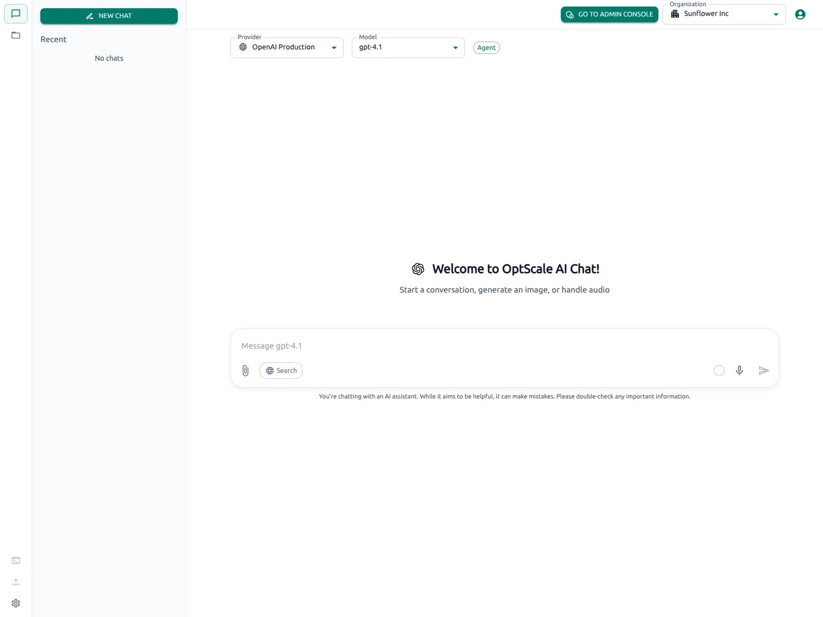 OptScale AI Chat with organization, provider, and model selection, sidebar, and message composer
