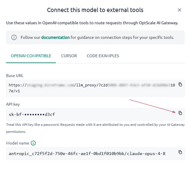 OptScale AI Chat Connect dialog with API key copy control highlighted