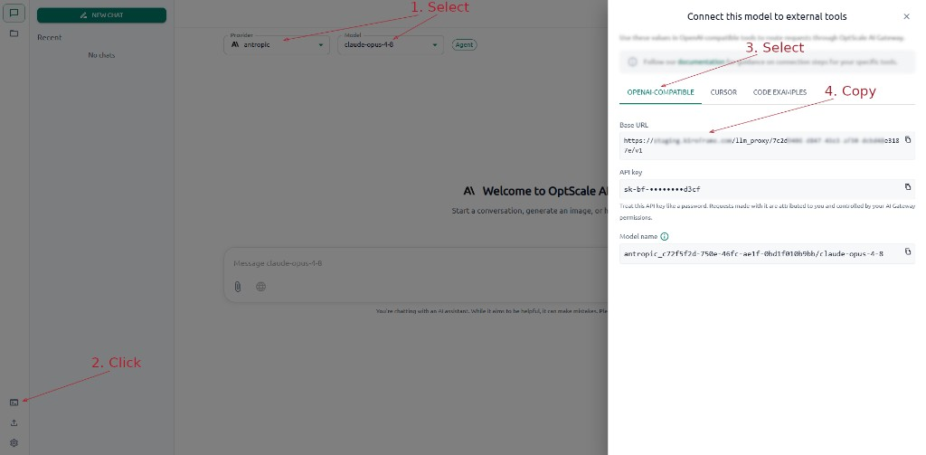 OptScale AI Chat Connect dialog with Base URL copy control highlighted