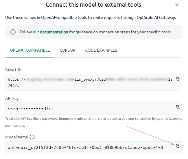 OptScale AI Chat Connect dialog with Model name copy control highlighted