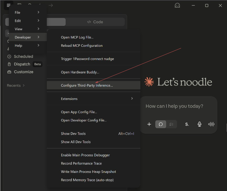 Claude Desktop Developer menu with Configure Third-Party Inference highlighted