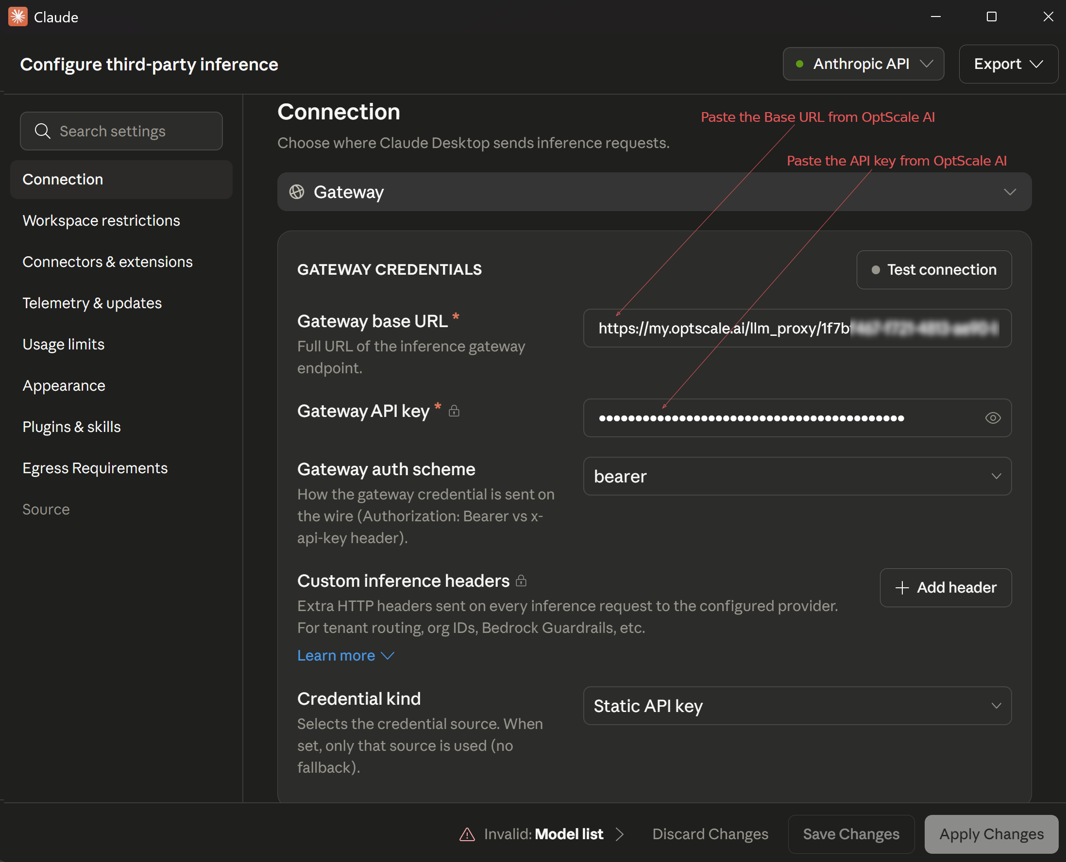 Claude Desktop Connection settings with Gateway base URL and API key filled