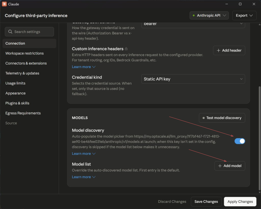 Claude Desktop Connection settings with Model discovery enabled