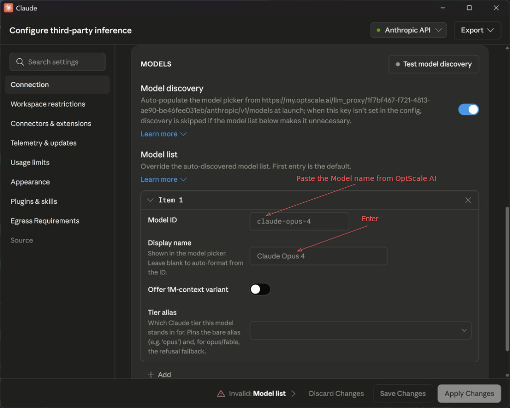 Claude Desktop Model list with Model ID and Display name filled