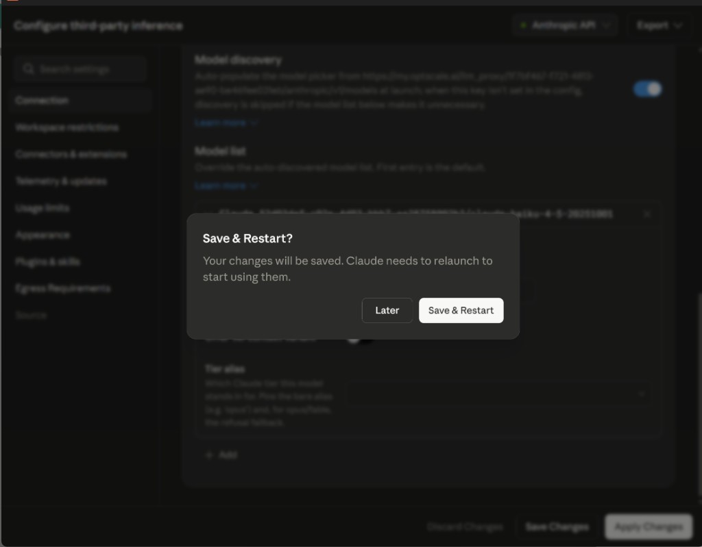 Claude Desktop Save and Restart confirmation dialog