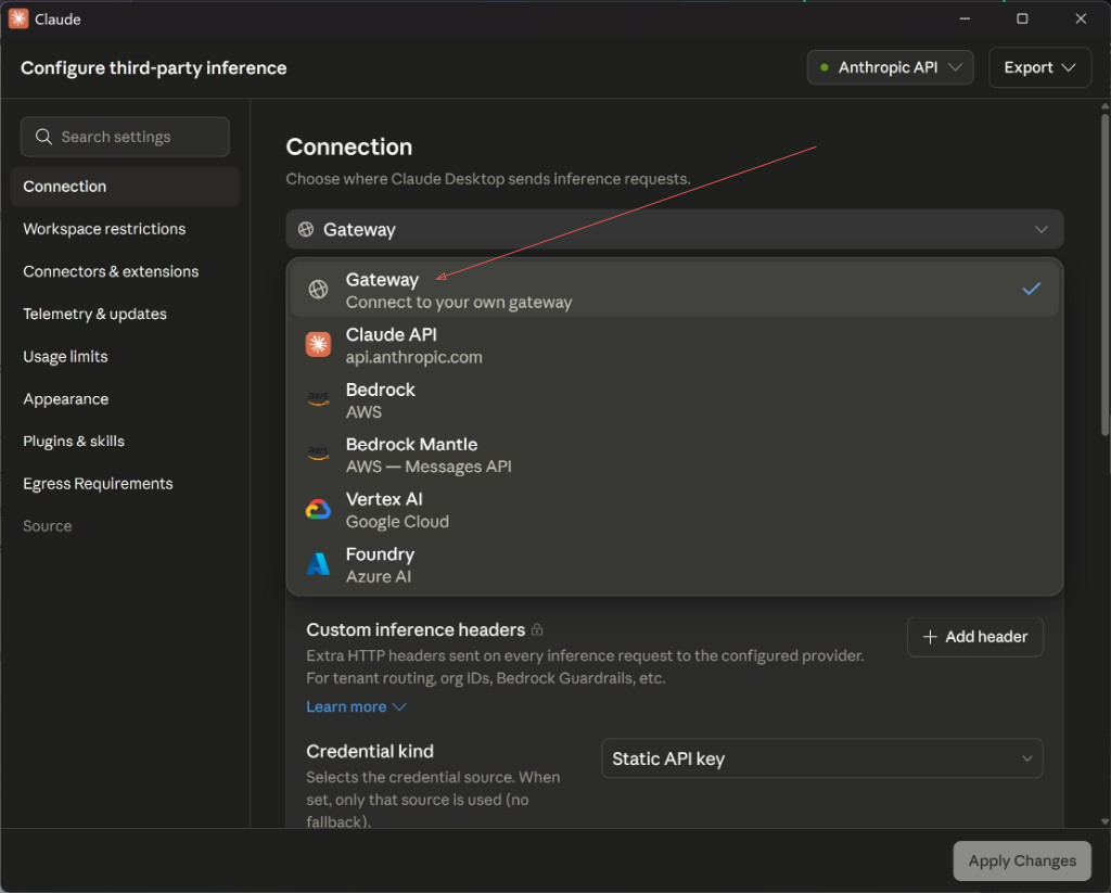 Claude Desktop Configure third-party inference with Gateway selected