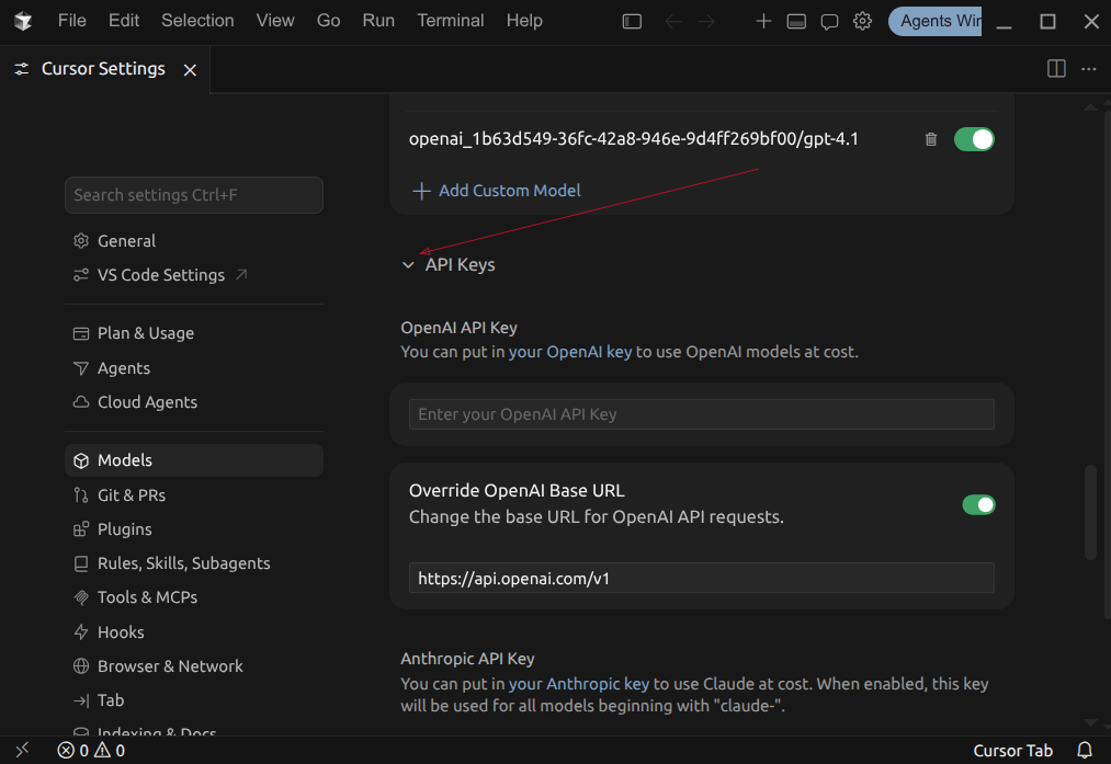 Cursor expand API Key section