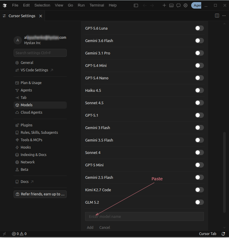 Cursor Settings Models page Paste Model Name