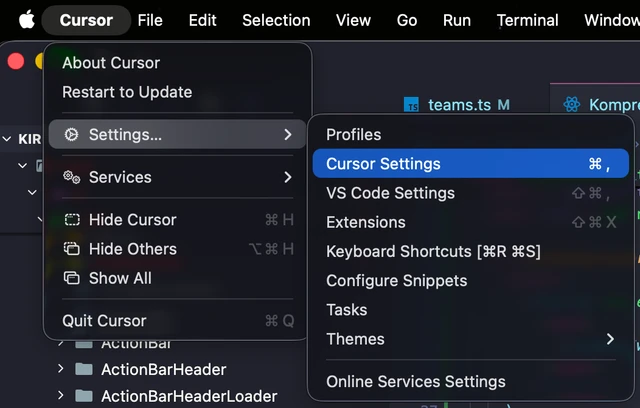 Cursor menu with Settings and Cursor Settings selected on macOS