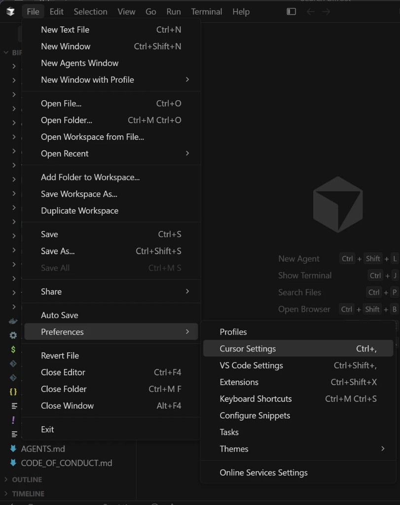 Cursor File menu with Preferences and Cursor Settings selected on Windows or Linux