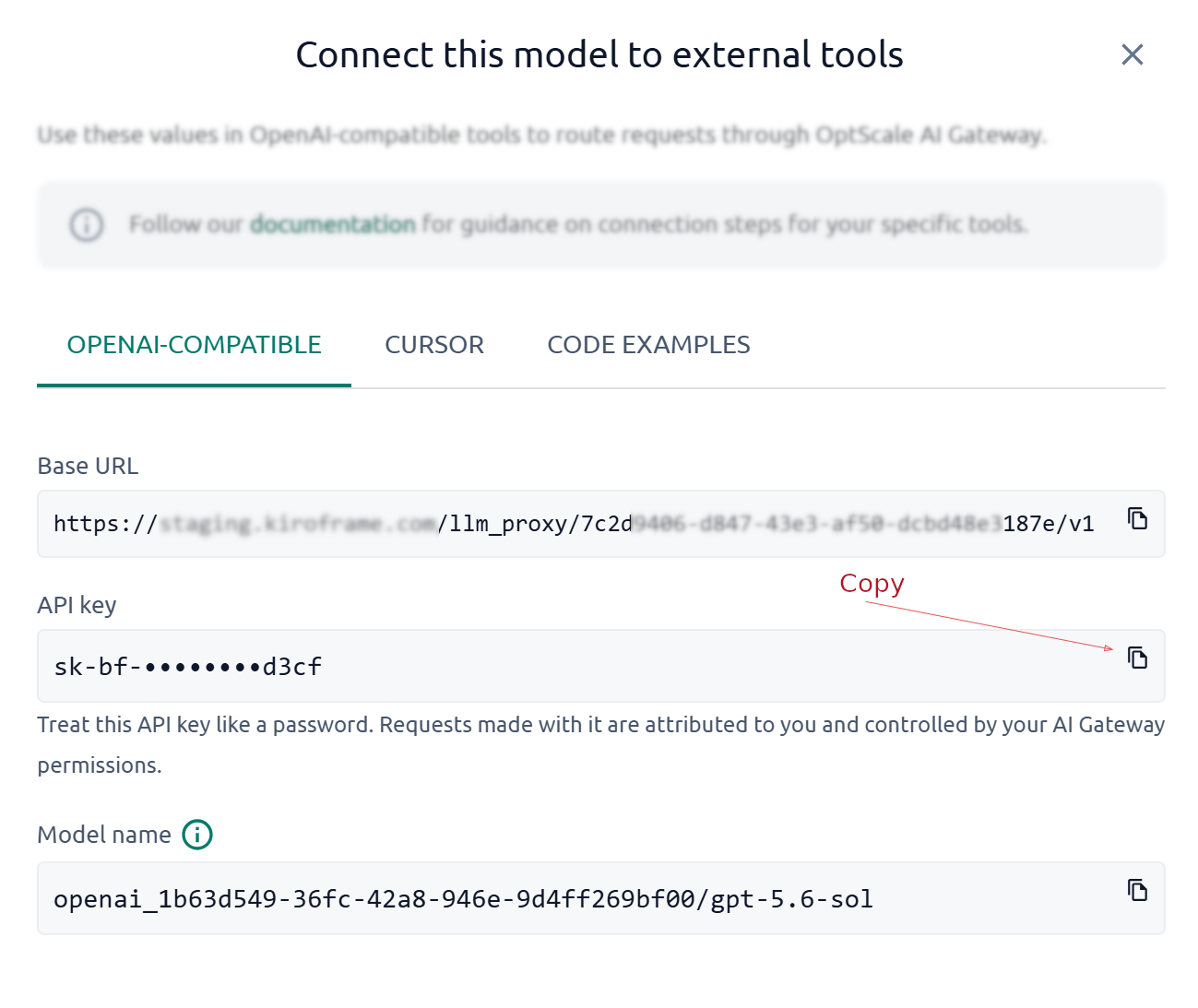 OptScale AI Chat Connect dialog with API key copy control highlighted