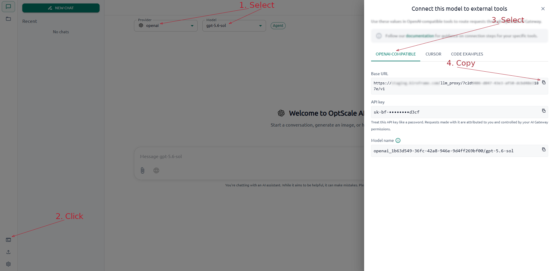 OptScale AI Chat Connect dialog with Base URL copy control highlighted