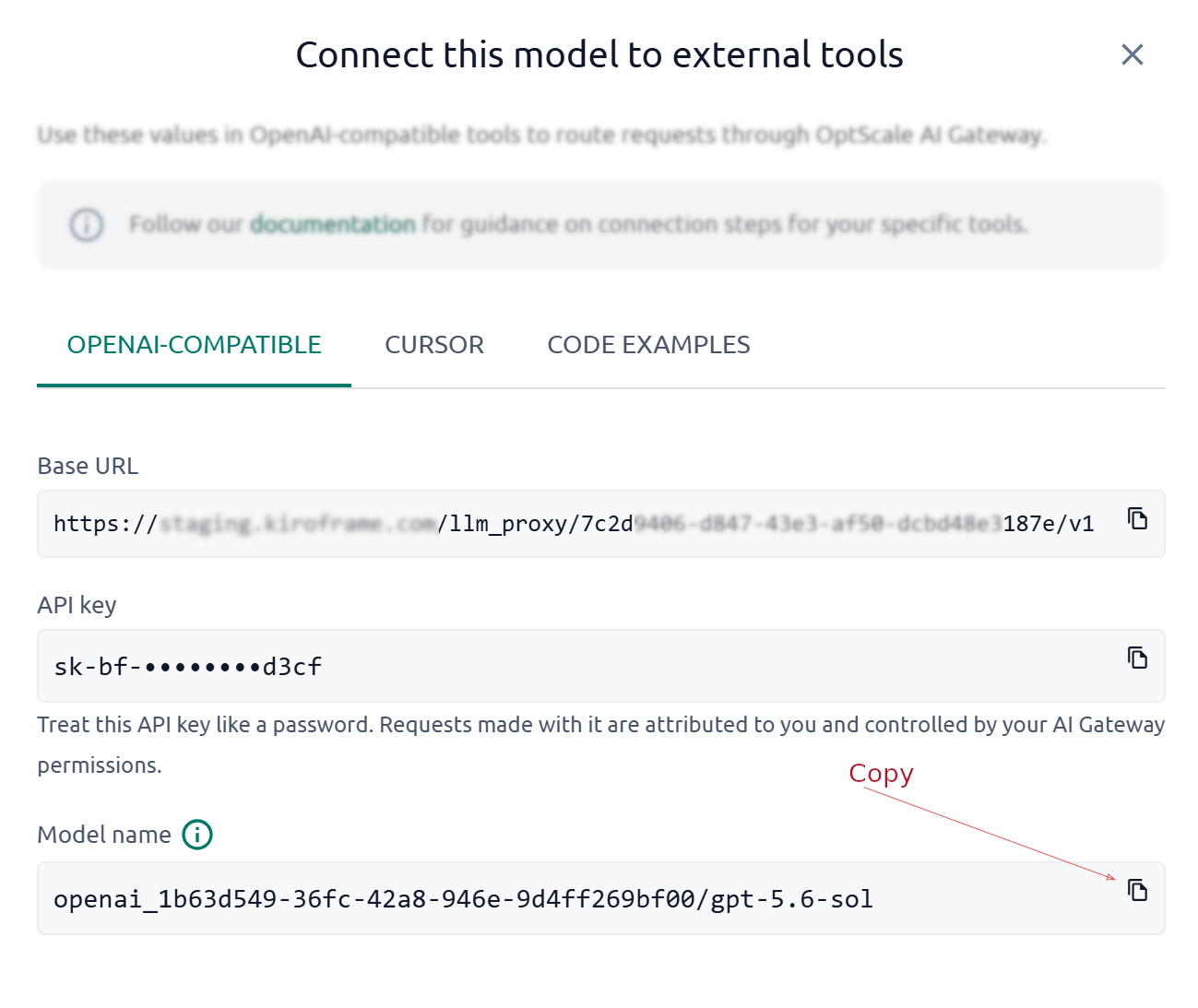 OptScale AI Chat Connect dialog with Model name copy control highlighted