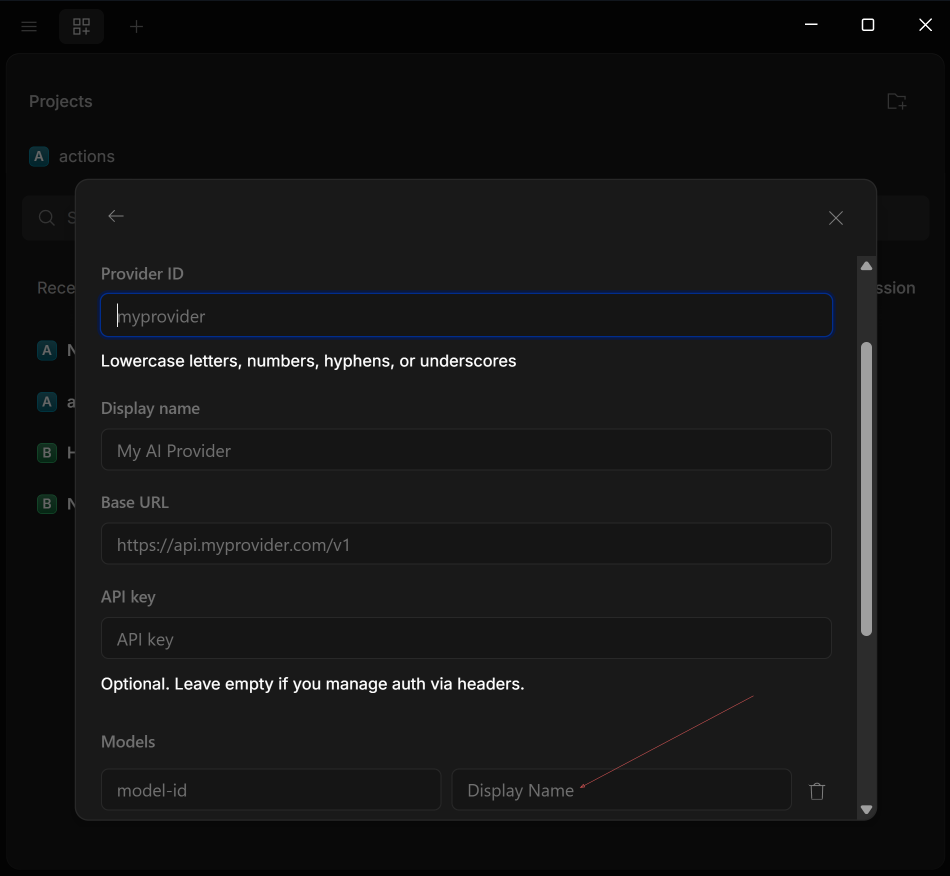 OpenCode Custom provider form with model Display Name filled
