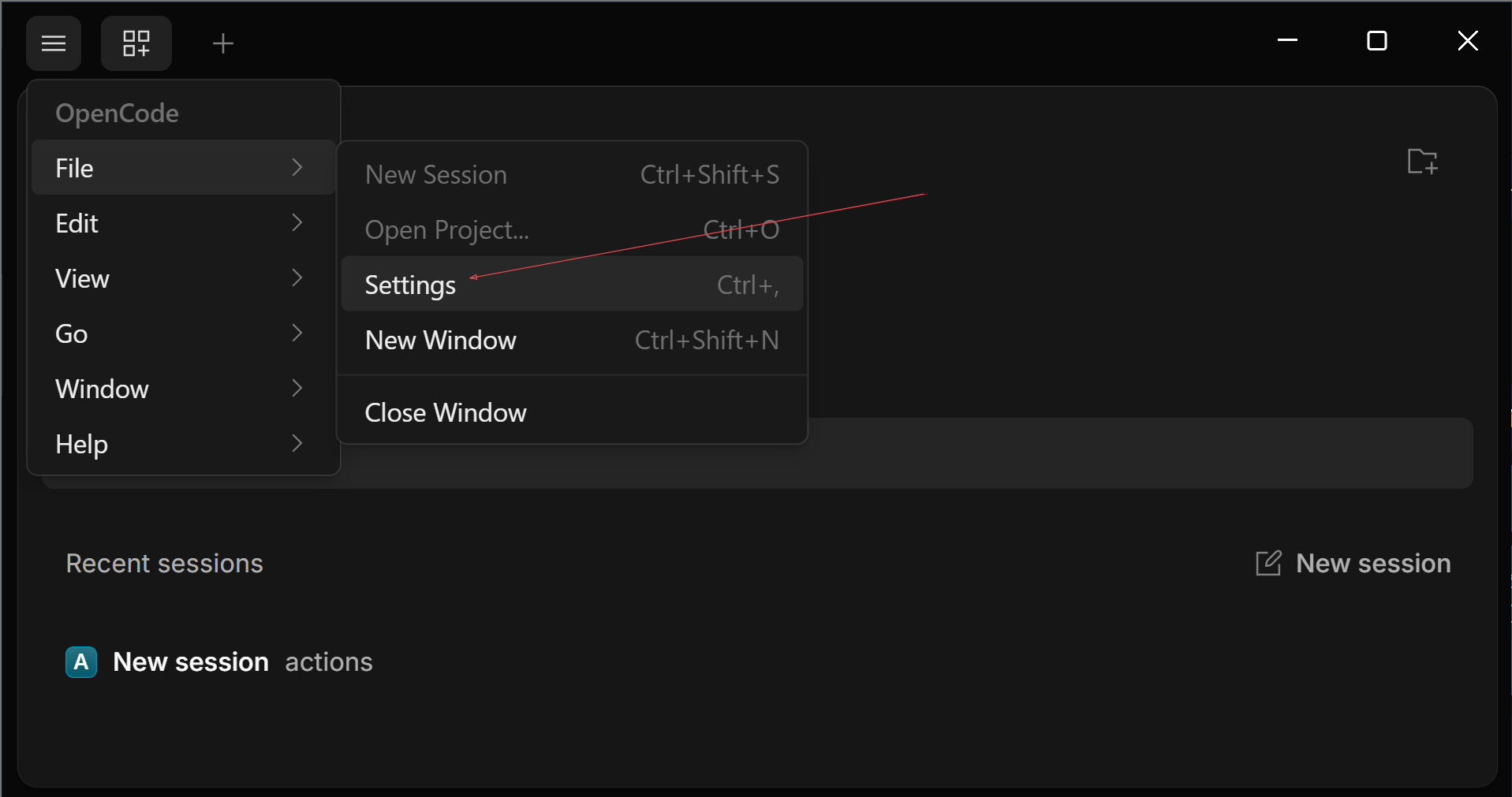OpenCode File menu with Settings selected