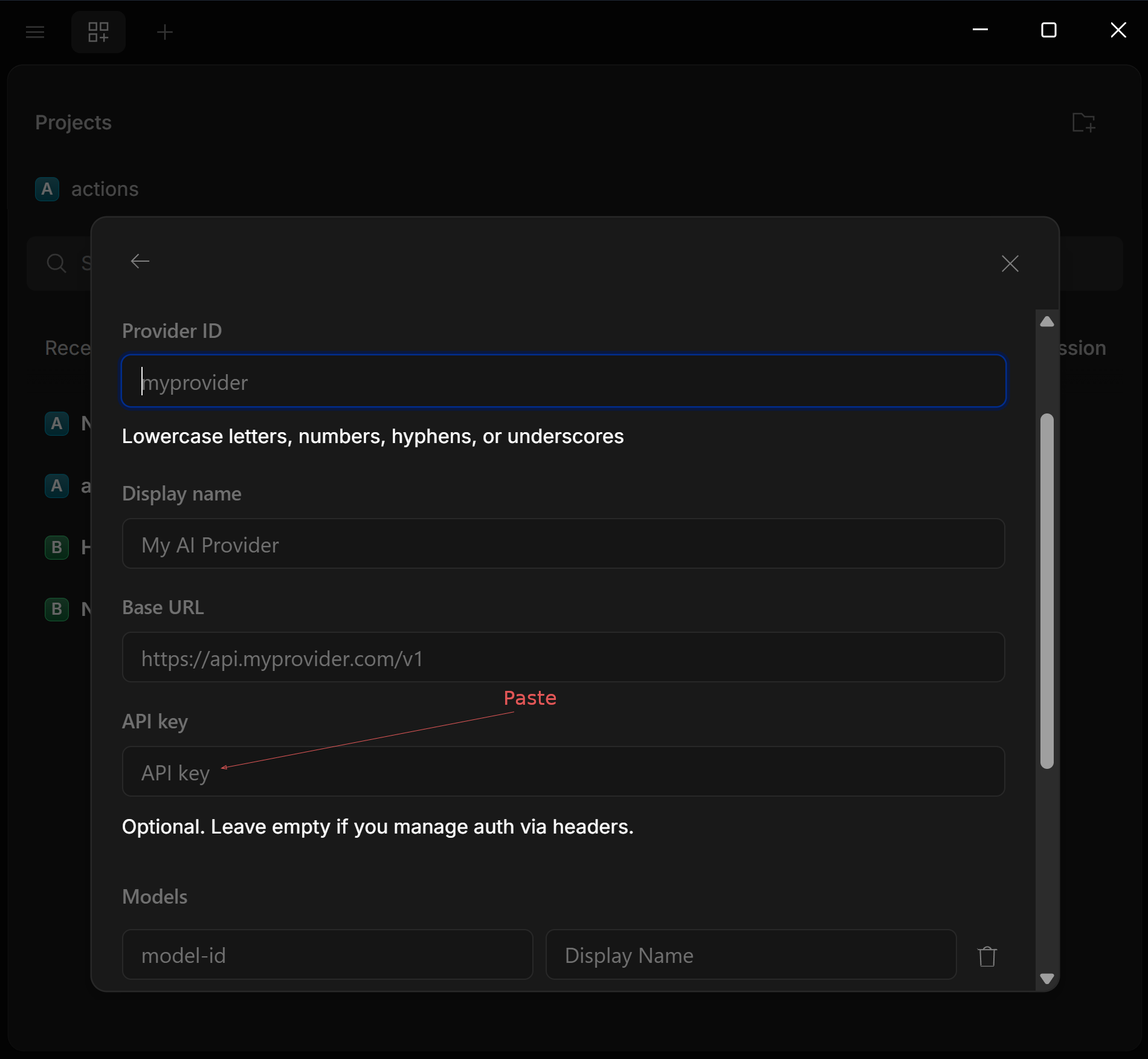OpenCode Custom provider form with API key field filled