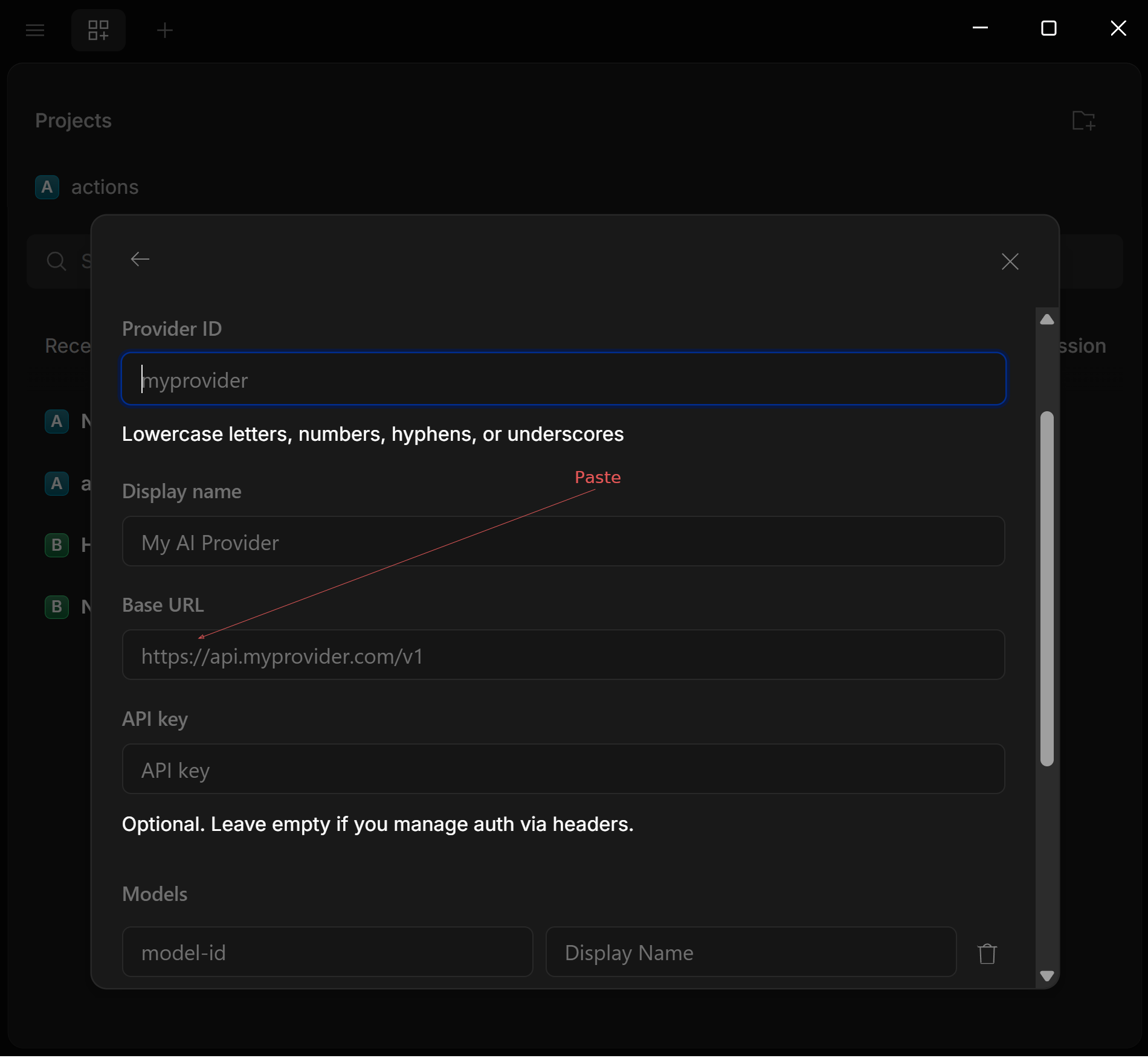 OpenCode Custom provider form with Base URL field filled