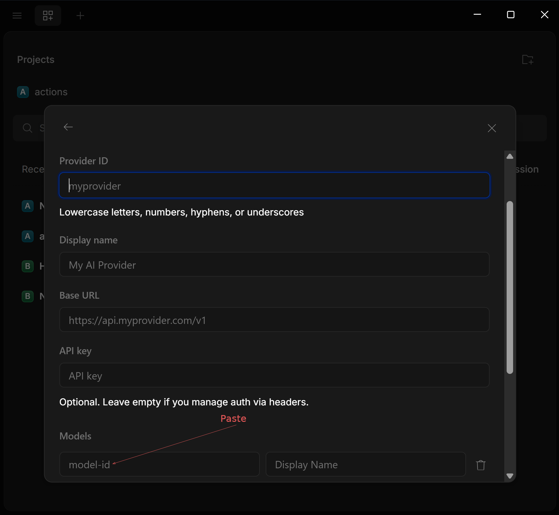OpenCode Custom provider form with model-id field filled