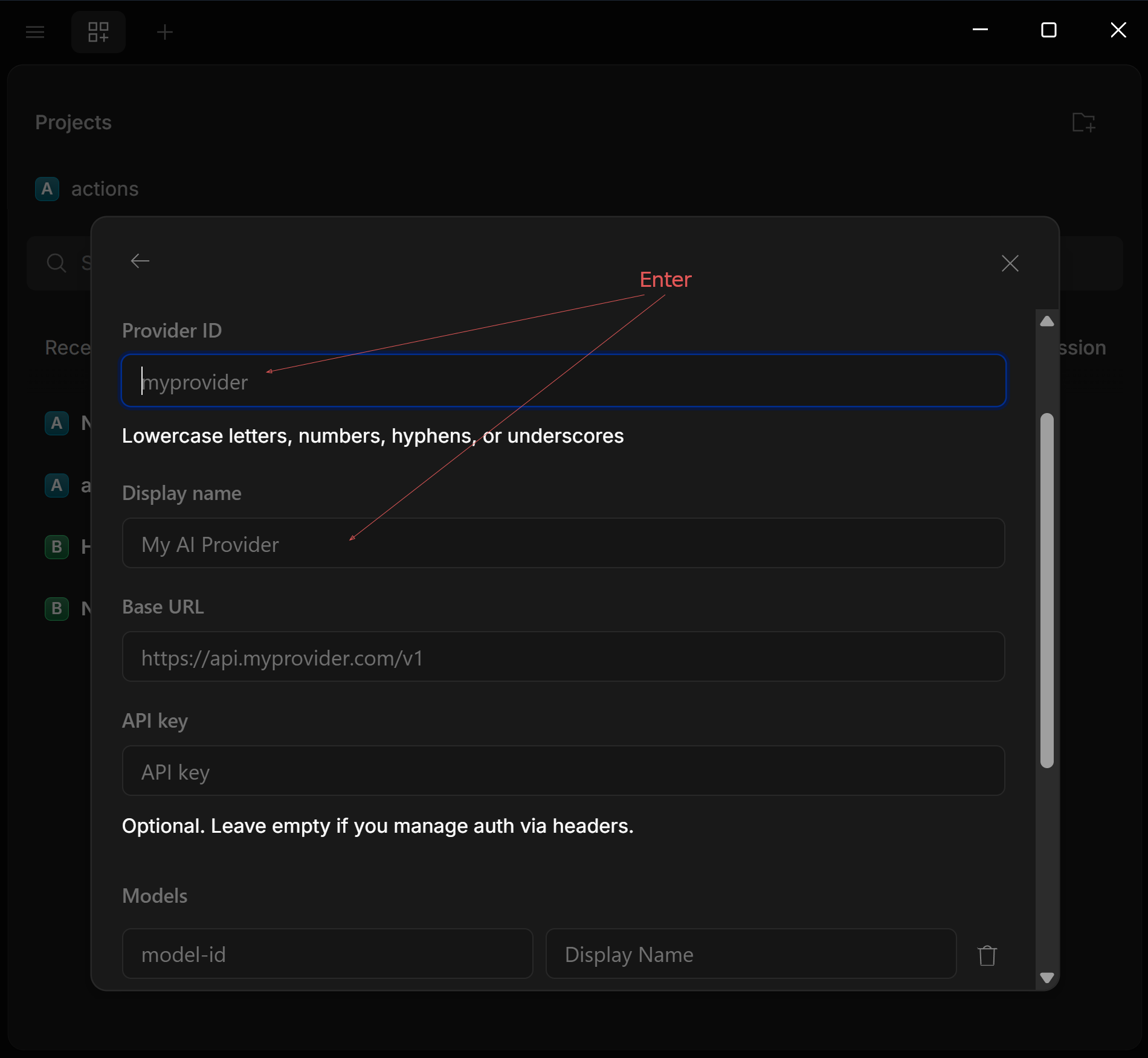 OpenCode Custom provider form with Provider ID and Display name filled