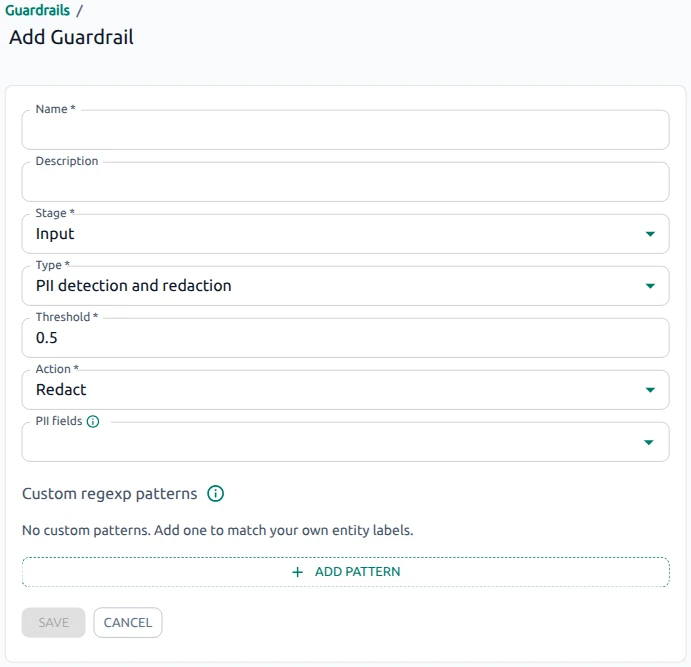OptScale AI Add Guardrail form for PII detection and redaction