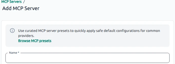 OptScale AI Add MCP Server preset step through the Name field