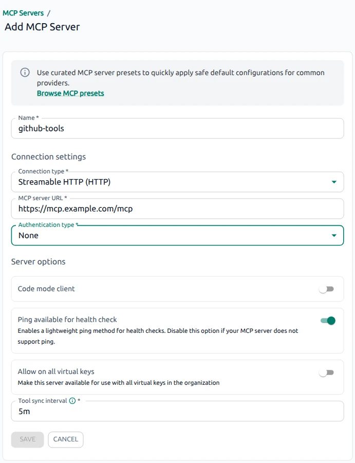 OptScale AI Add MCP Server form filled with an HTTP connection