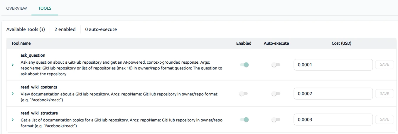 OptScale AI deepwiki Tools tab with discovered tools, enabled state, and auto-execute