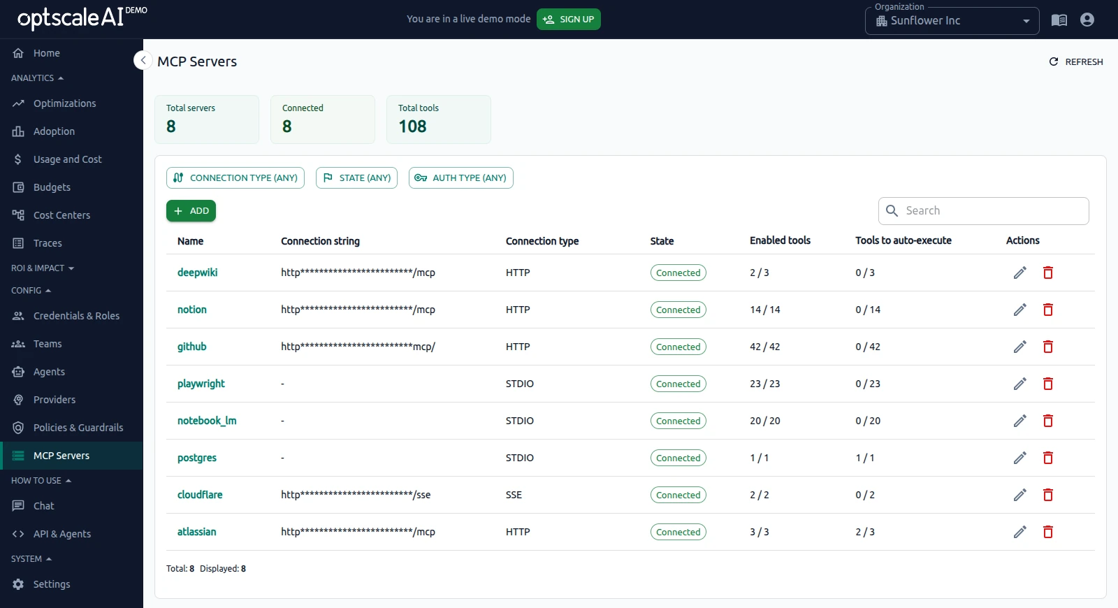 OptScale AI MCP Servers page showing connection types, states, tool counts, and actions