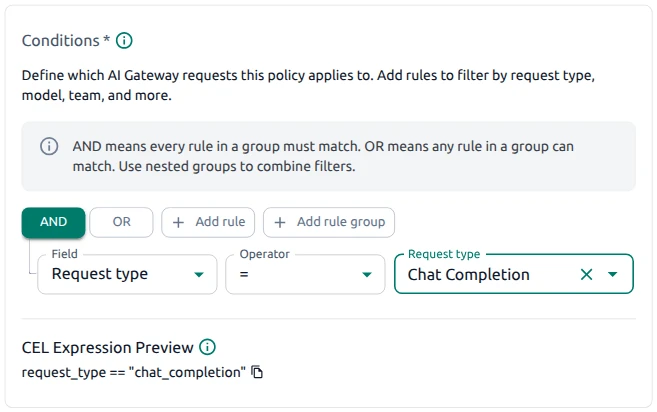 OptScale AI policy Conditions with a Chat Completion rule and CEL expression preview
