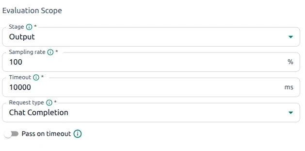 OptScale AI policy evaluation scope with stage, sampling rate, timeout, request type, and pass on timeout