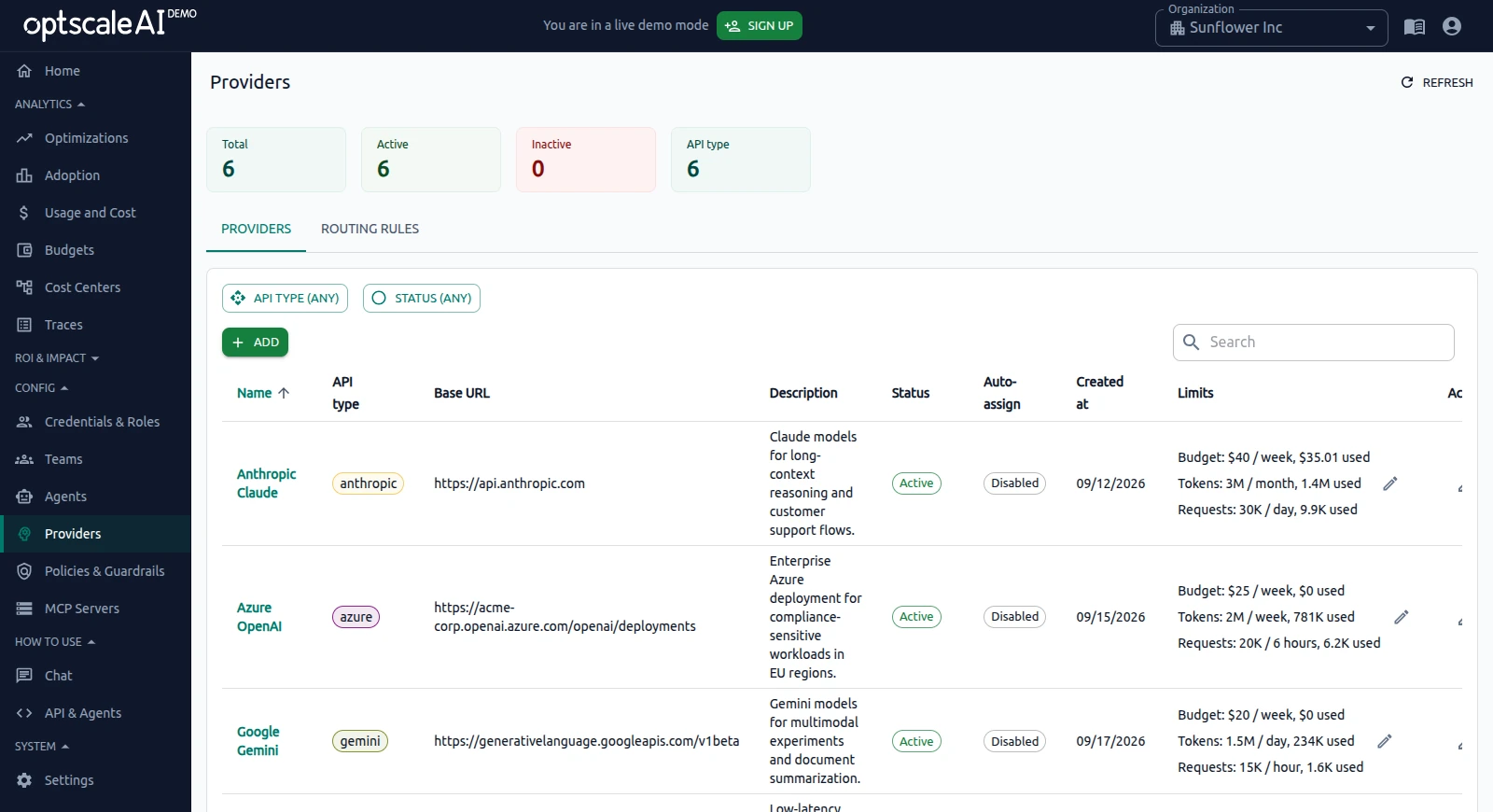 OptScale AI Providers tab showing provider status, API type, connection details, assignments, and limits