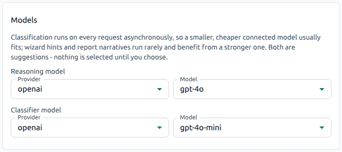 OptScale AI ROI General Models section with reasoning and classifier models