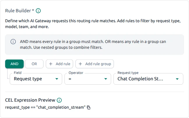 OptScale AI Rule Builder with a Chat Completion Stream condition and CEL expression preview