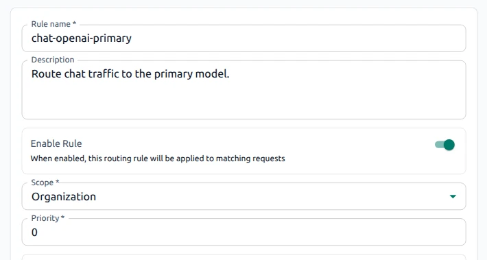 OptScale AI routing rule settings with name, description, Enable Rule, scope, and priority