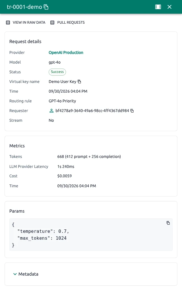 OptScale AI trace detail panel with request status, provider, model, metrics, and parameters