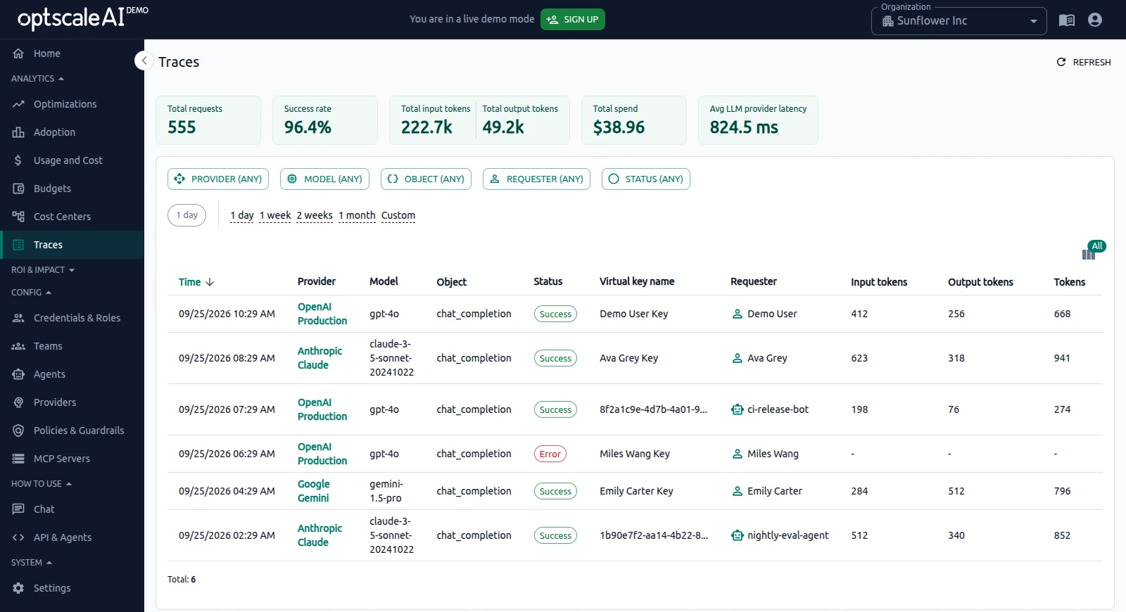 OptScale AI Traces page with summary metrics, filters, statuses, requesters, providers, models, and token counts