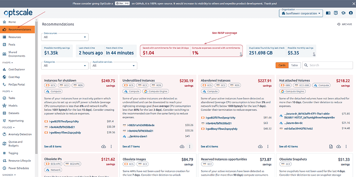 OptScale Recommendation page