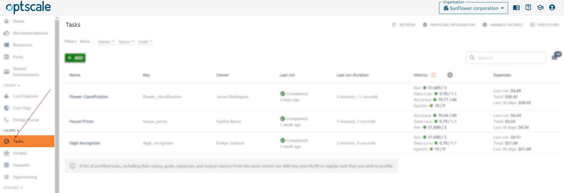 OptScale Task page - created tasks