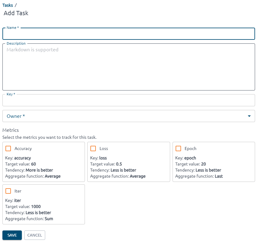 name, description, key for the created task