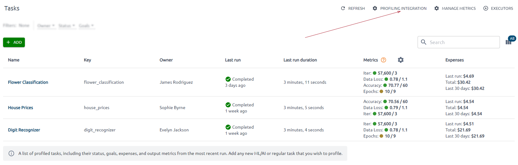 profiling integration page in OptScale