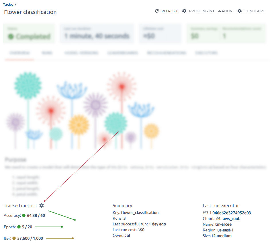 tracked metrics section on Tasks page